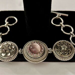 3 Snap Bracelet Elegant Silver Plate and Pink Flower Bracelet 8 Inch